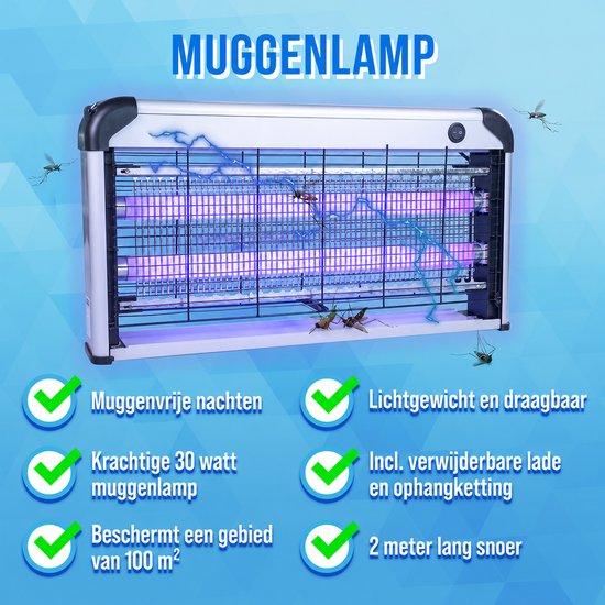 Muggenlamp tot 100m² - 30 Watt Vliegenvanger Elektrisch - 2M Snoer - Voor Binnen en Overdekte Buitenruimtes